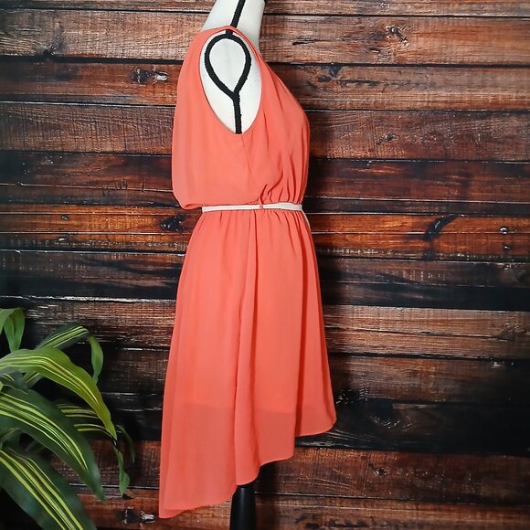 Double Zero Dress Large Belted Elastic Waist Flowy Sheer Lined Hi Low Keyhole - Picture 5 of 11